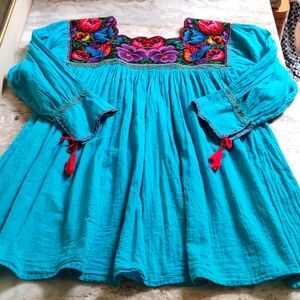 Mexican Turquoise Blouse with Multicolor Embroidery
